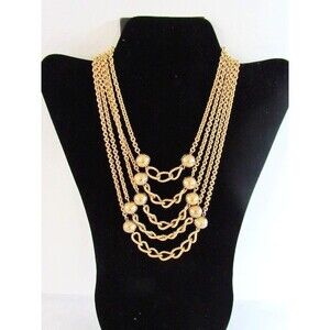 Vintage Multistrand Statement Necklace Bib Chain Link Choker Gold Tone